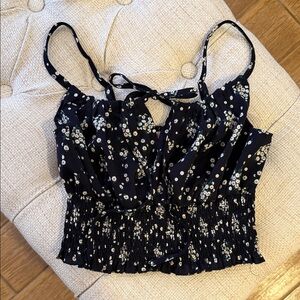 Romwe Floral Smocked Crop Cami Top - Black